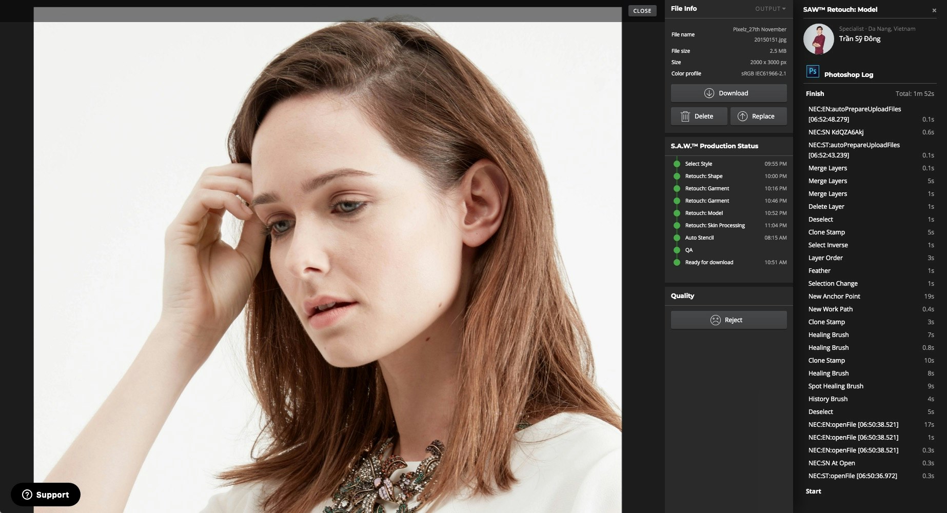 Total transparency: see every detail of every action taken on each of your images, whether by specialist or machine product image editing service system screenshot showing process steps